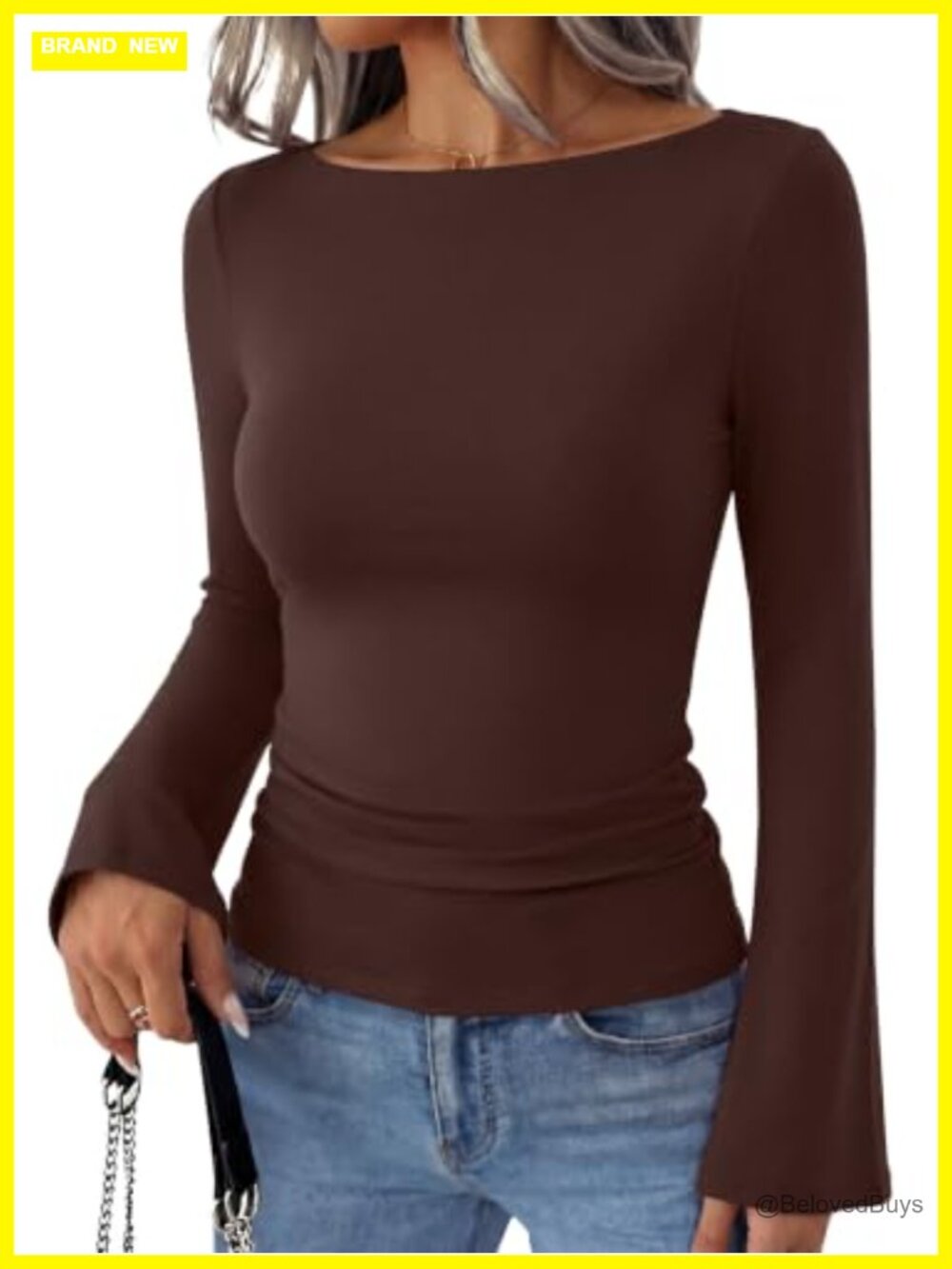 Bell Sleeve Fitted Top Boat Neck Double Lined Fall Basic Shirt